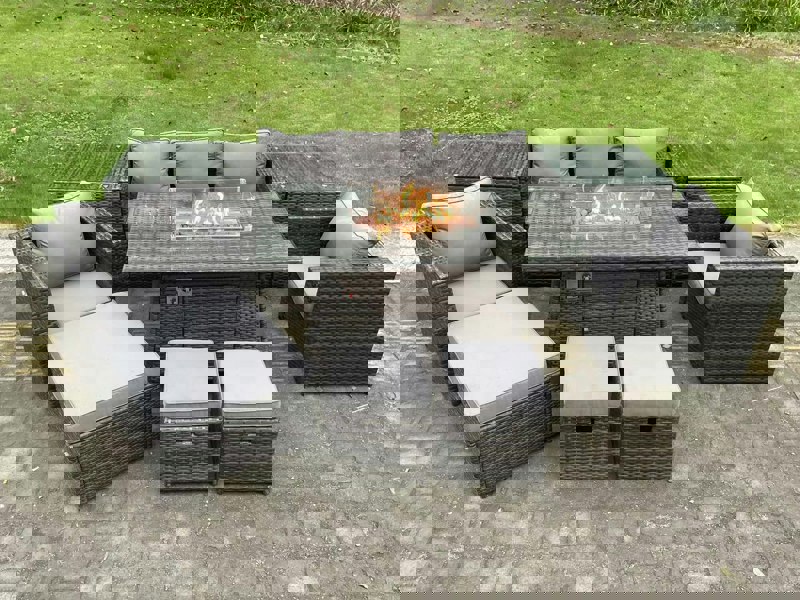 Fimous 8-Seater Rattan Gas Fire Pit Dining Set | Outdoor Wicker, 2 Armchairs, 2 Side Tables, Footstool | Dark Grey