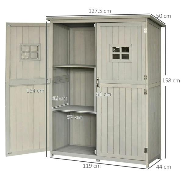 Grey wooden shed cabinet with two doors, side interior shelf and square window