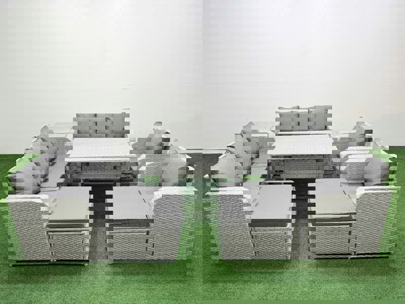 Fimous Light Grey PE Rattan High Back Lounge Set - Rectangular Dining Table, 3-Seater Sofa, Reclining Chair & 2 Big Footstools