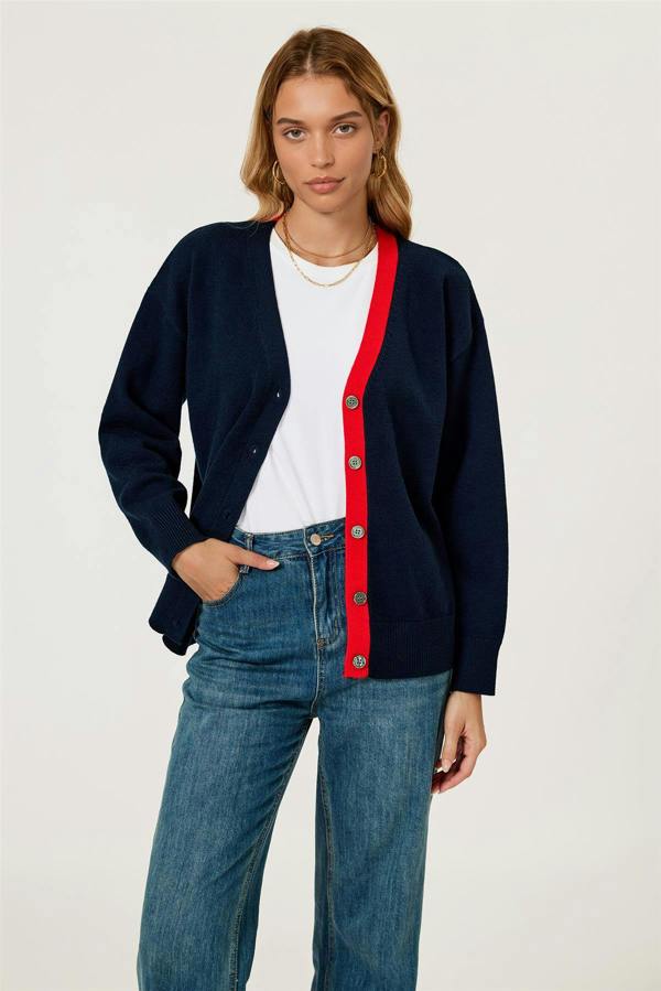 FS Collection Little Heart Embroidery Stripe Trim Cardigan Top In Navy & Red