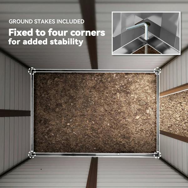 Metal garden shed base view with four-corner ground stakes