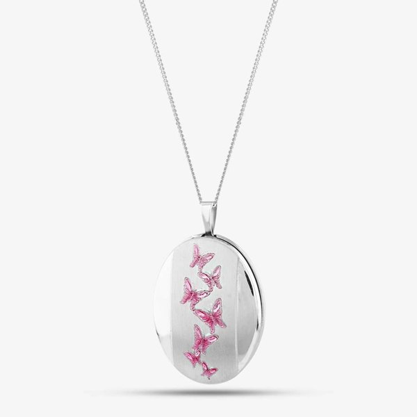 T. H. Baker Silver Pink Enamel Butterfly Oval Locket Necklace 8.65.2651