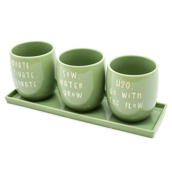 Upper Street Set of 3 Green Slogan Ceramic Planters with Tray