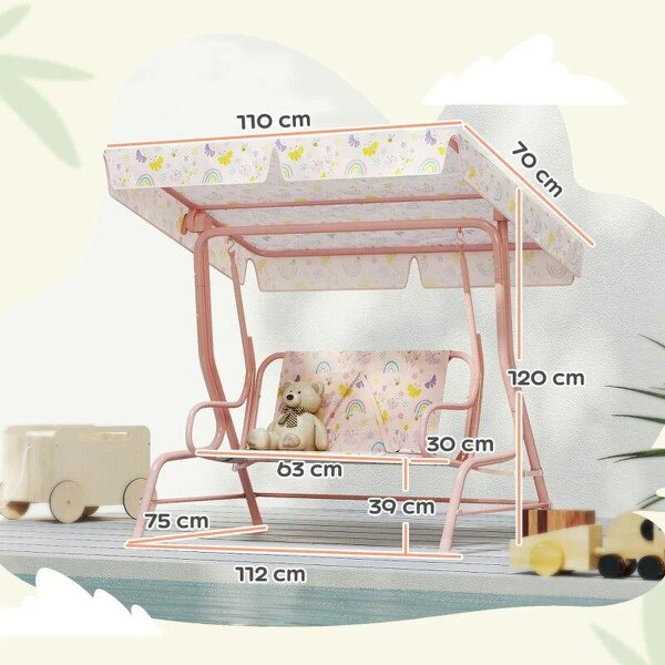 Kids Garden Swing Chair with Adjustable Canopy, Safety Belt, 2 Seater Hammock Swing Bench for Patio, Porch, Pink