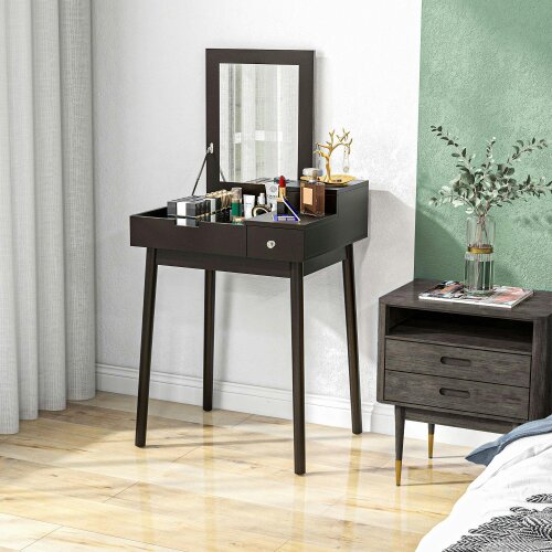 Wyld Haus Sinotti Black Dressing Table With Flip Up Mirror 2 Drawers And Wood Legs