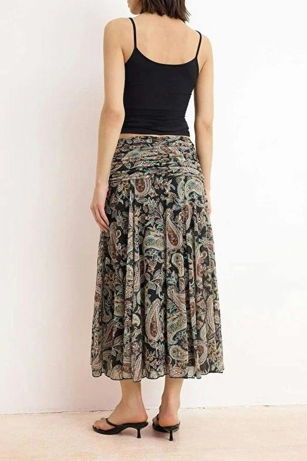 WOVCOR Maxi Gathered Boho Chic Printed Tulle Stretch Knit Skirt
