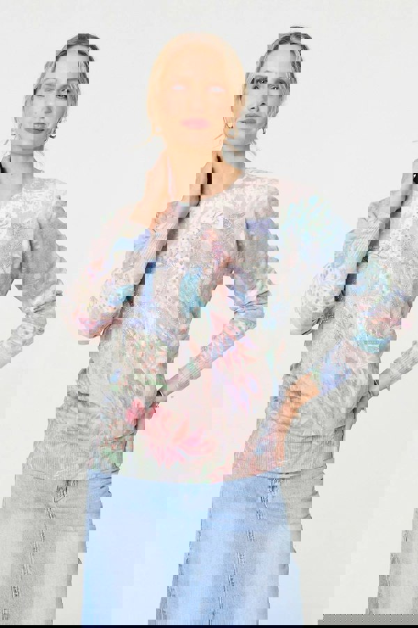 Beige | Peacock Print Diamante Studded Knit Top
