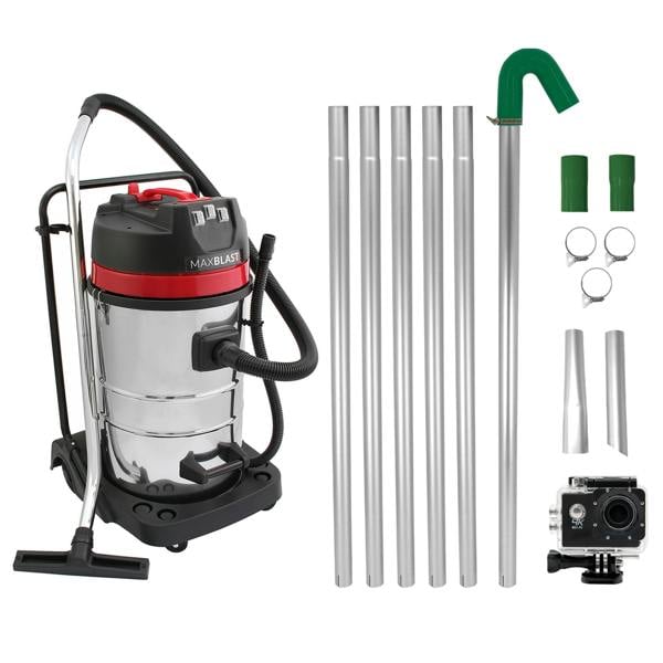 80L wet and dry vacuum with stainless steel body, red accents, flexible hose, gutter vacuum poles, and camera attachment included