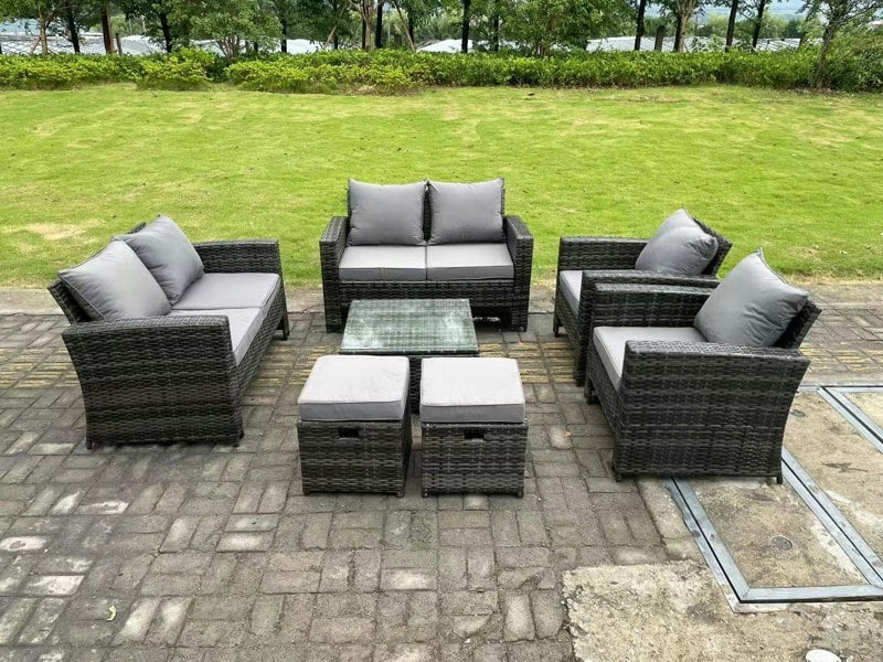 Fimous 8 Seater Dark Grey Mixed High Back Rattan Sofa Set Square Coffee Table Garden Furniture 2 Seater Sofa Chairs Outdoor Patio Stools