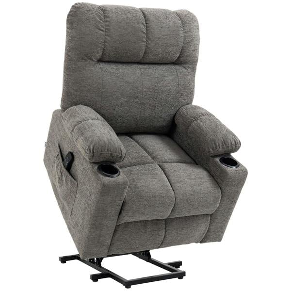 Grey upholstered power lift recliner chair with padded headrest and armrests