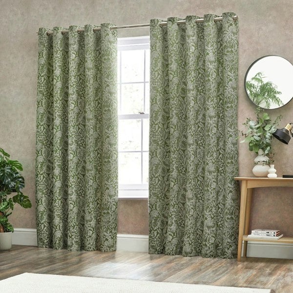 Wylder Bali Jacquard Botanical Eyelet Curtains - Olive