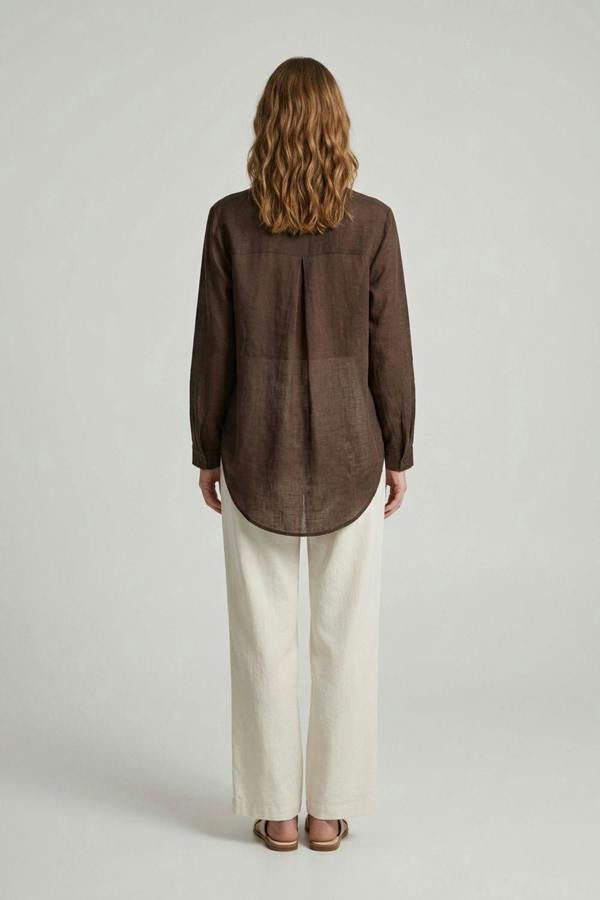 Brown | Relaxed Collarless 3/4 Sleeve Shirt
