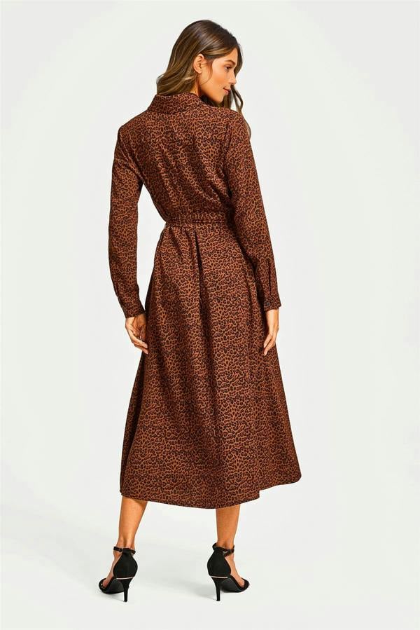 FS Collection Brown Leopard Print Shirt Midi Dress With Tie Waist + Gold Stretch Leaf Belt