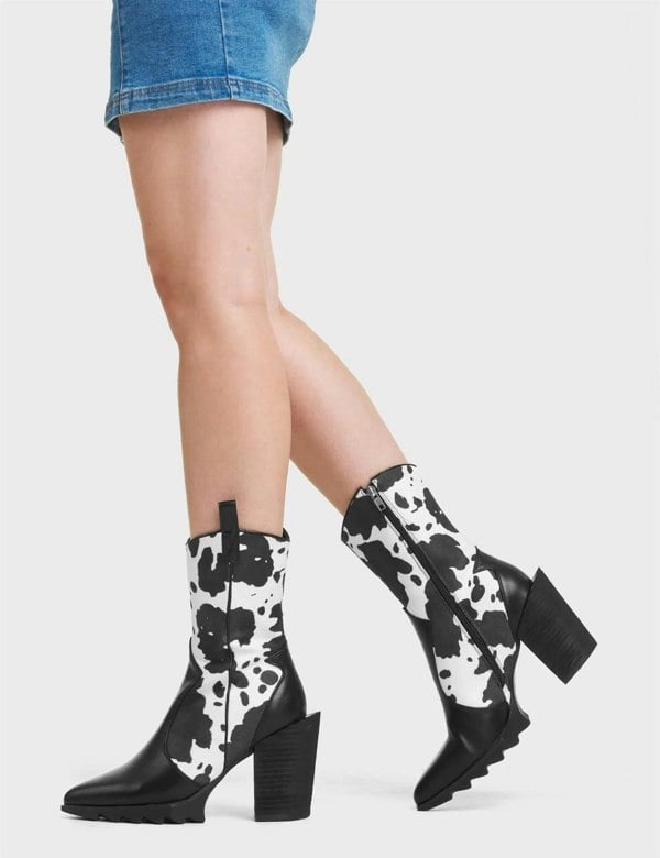 Lamoda Seen Before Western Ankle Boots Black PU/Cowprint, Trendy Cowboy Boots