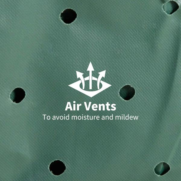 Green patio cover with air vents to reduce moisture and mildew, fabric surface detail