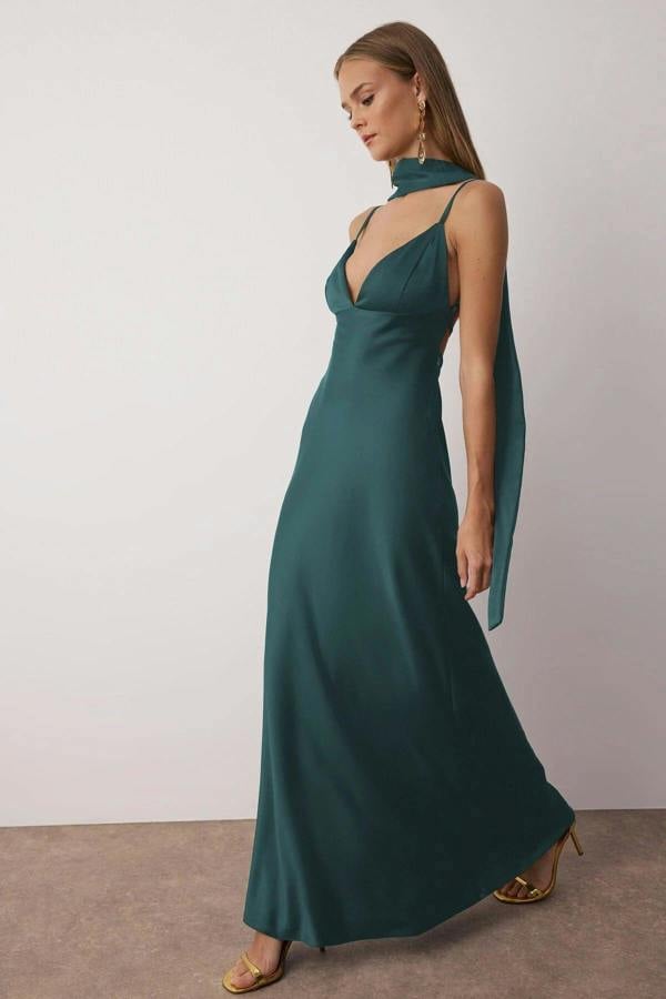 Hoxton Gal Maxi Satin Evening Dress with Shawl Detail