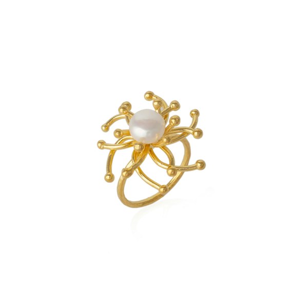 Spero London Pearl Sun Molten Dripping Sunburst Sterling Silver Ring