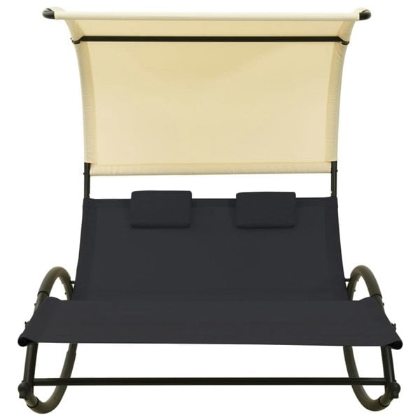 Berkfield Double Sun Lounger with Canopy Textilene Black and Cream