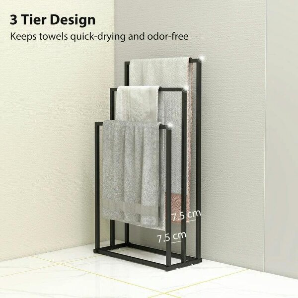 Freestanding Towel Rack, Steel Towel Rail Holder with 3 Bars, Black