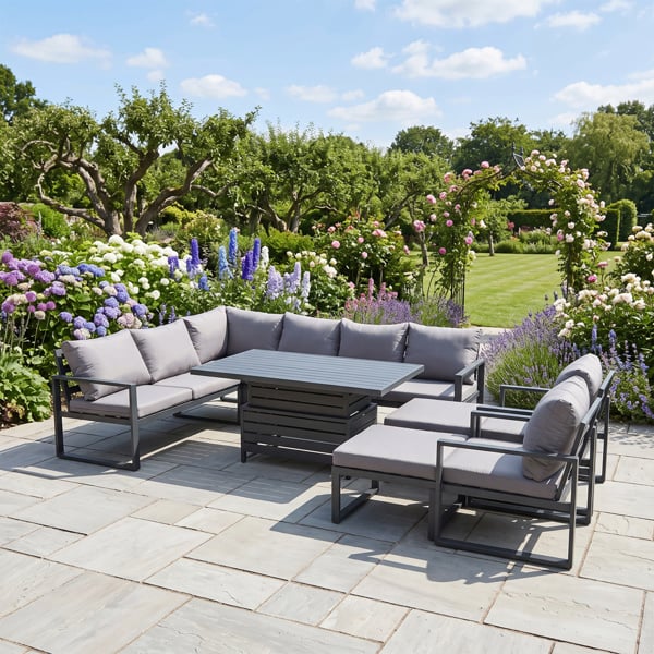 Fimous 10 Seater Aluminium Garden Furniture Set with Adjustable Rising Dining Table, Corner Sofa, 2 Chairs & 2 Footstools - Dark Grey