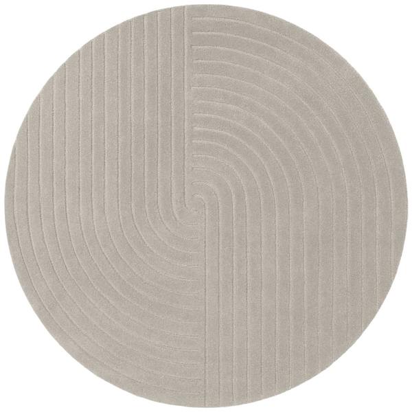 Round gray rug with a textured pattern on a white background