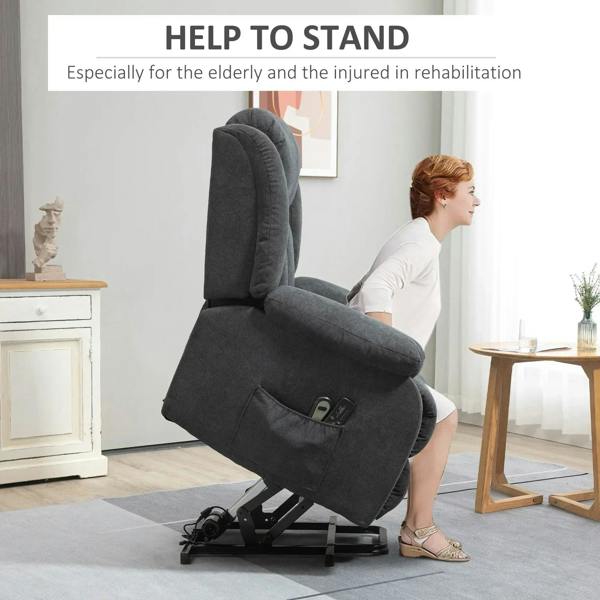 Dark grey power lift recliner chair lifting upright with side pocket
