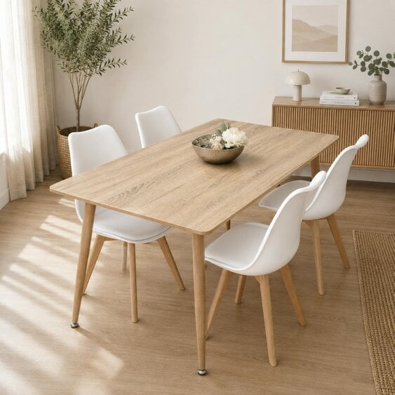 KOSY KOALA 4 Seater Modern Dining Table 140cm with Wood Effect Metal Leg and 4 White Chairs for Kitchen & Dining Room Furniture Set