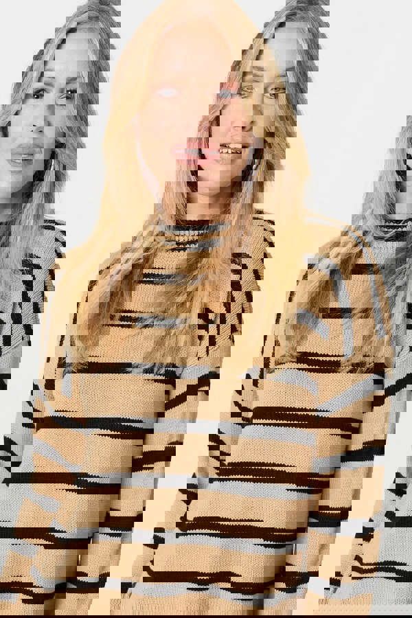 Beige | Striped Flare Sleeve Roll Neck Jumper
