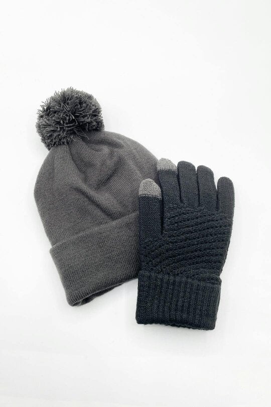 SVNX Pom Pom Beanie Hat & Textured Knit Gloves Set in Grey