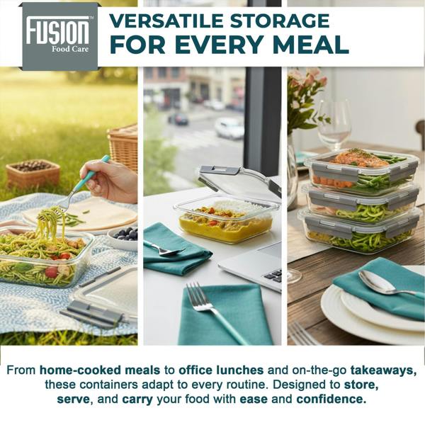 Fusion Food Care Food Storage Containers with Airtight Lids 10 Pack - 5x370ml & 5x1040ml Glass Meal Prep Containers Set BPA Free Glass Food Container