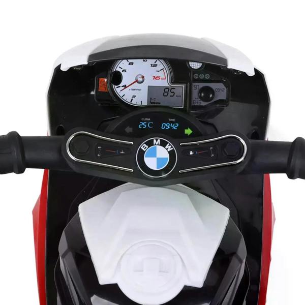 Kids ride-on motorbike dashboard display with steering controls and BMW logo