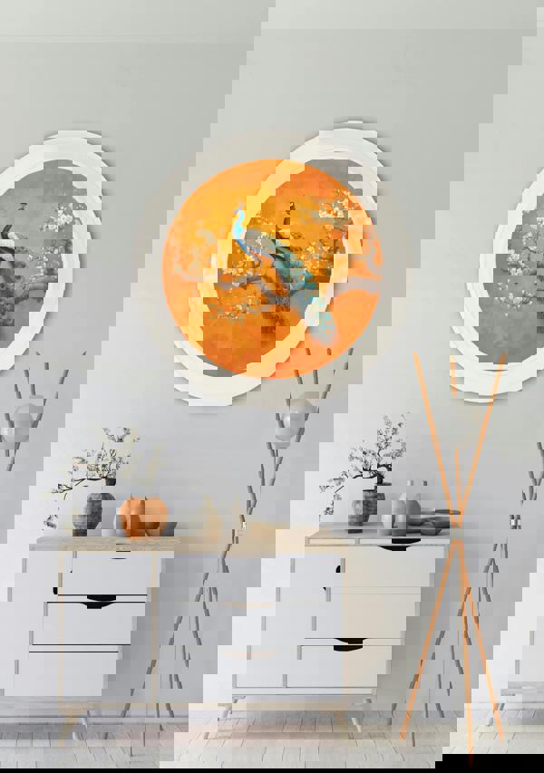 Exceptional Art Peacocks In Saffron Garden - Oxford Strong White Round Frame