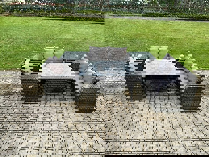 Fimous Lounge Rattan Sofa Set Outdoor Garden Furniture Oblong Rectangular Dining Table With Chairs 2 Side Tables Dark Grey Mixed