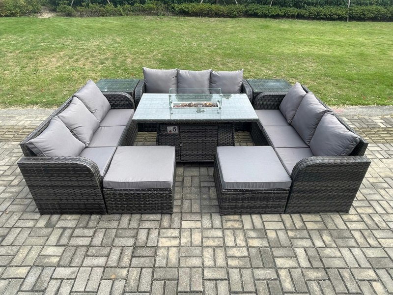 Fimous Rattan Outdoor Garden Furniture Set with Gas Fire Pit Table, 2 Side Tables, 3 Sofas, 2 Large Footstools - 11 Seater - Dark Grey