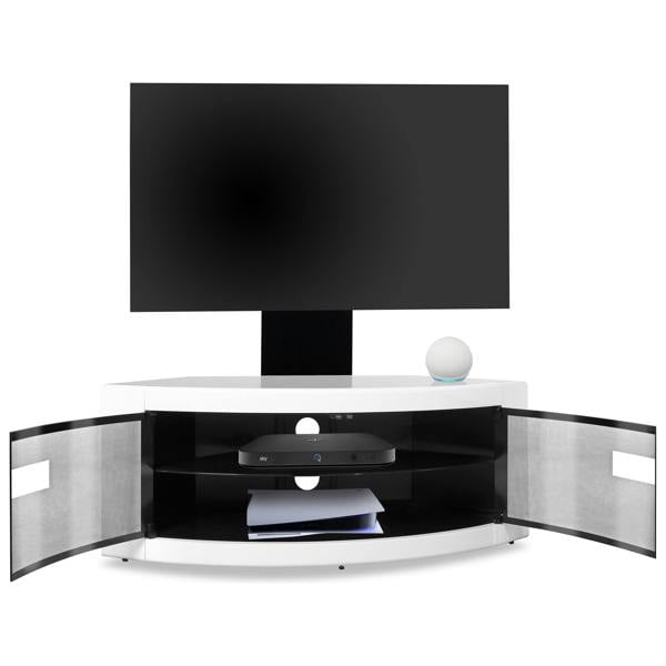 Homeology PANGEA Black/White Beam-Thru Curved True-Corner 32"-50" TV Cabinet with Mounting Arm