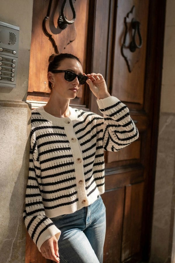 Gini London Cream Stripe Cable Knit Crop Cardigan