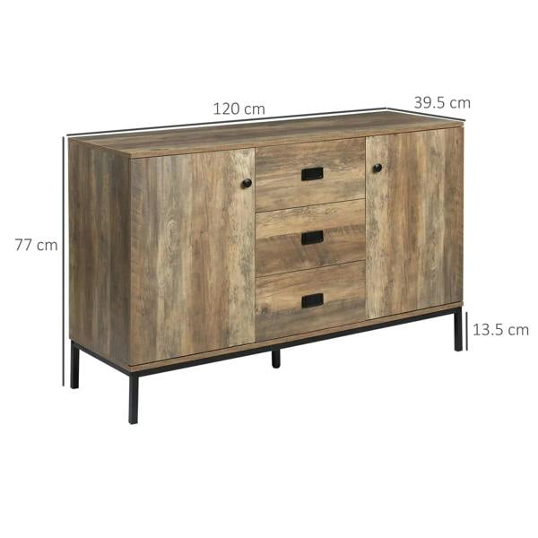 Modern sideboard dimensions, 120 cm wide, rustic brown finish, dark metal legs