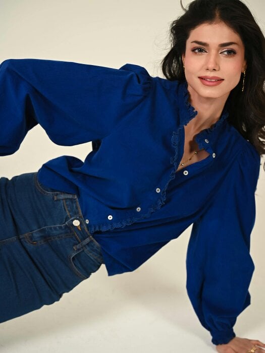 Rose & Nancy Nerys Blue Cord Embroidered Frill Blouse