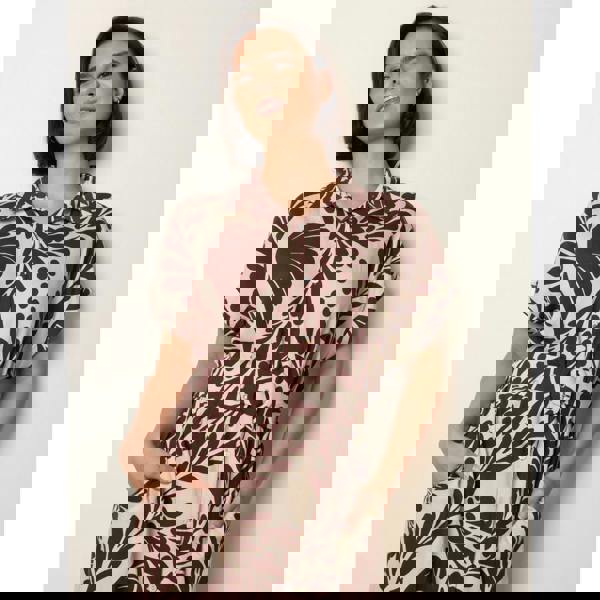 Blue Vanilla Tropical Leaf Print Belted Shirt Dress