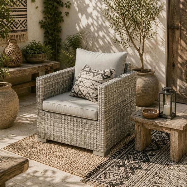 Wyld Haus Karettano Rattan Grey Single Outdoor Armchair With Cushions And Armrests