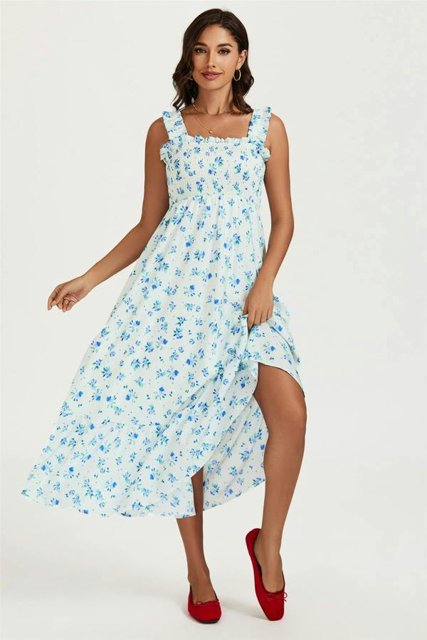 FS Collection Floral Print Hem Detail Maxi Dress In White