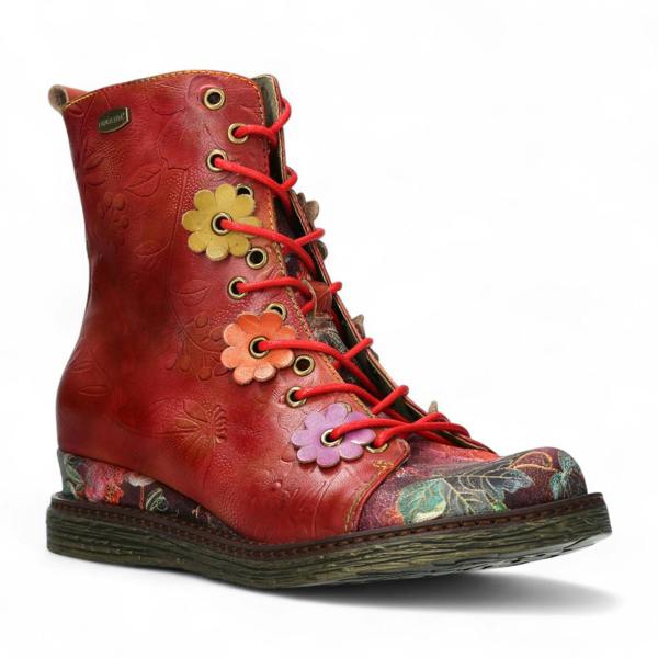 Laura Vita Ercnaulto 212 Red Floral Womens Gothic Victorian Leather Lace-Up Ankle Heeled Boots