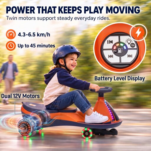 AIYAPLAY 2-In-1 12V Electric Wiggle Car with 2 Speeds, PU Wheels, Orange