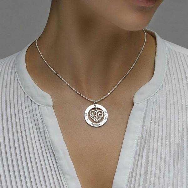 Sterling silver Filigree Heart Tree of Life Family Necklace With Diamond  or crystal on model