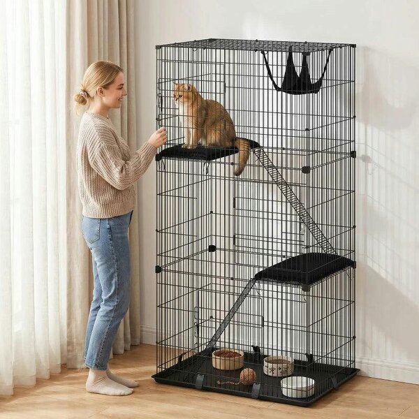 3-Tier Large Cat Cage Indoor, Detachable Metal Wire Kennel with Hammock, Platforms, Tray and Cushions for 1-2 Kittens - Black
