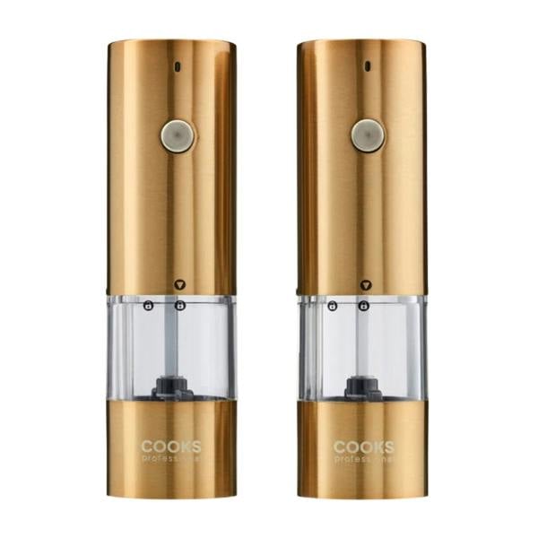 Cooks Professional Rechargeable Salt and Pepper Mill Set with Bamboo Base | Copper