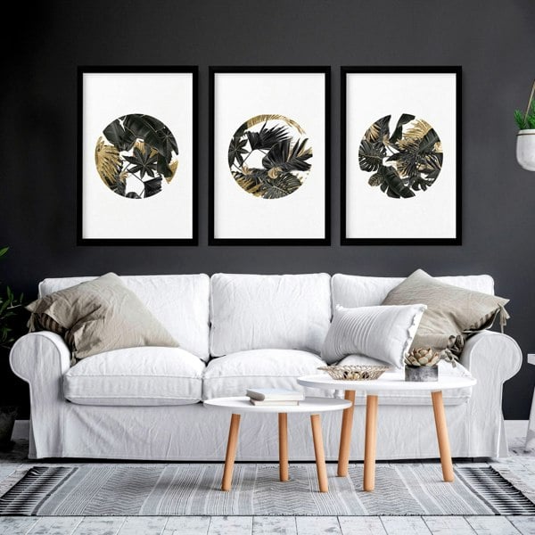 Wall art with gold for living room | set of 3 Tropical wall art prints