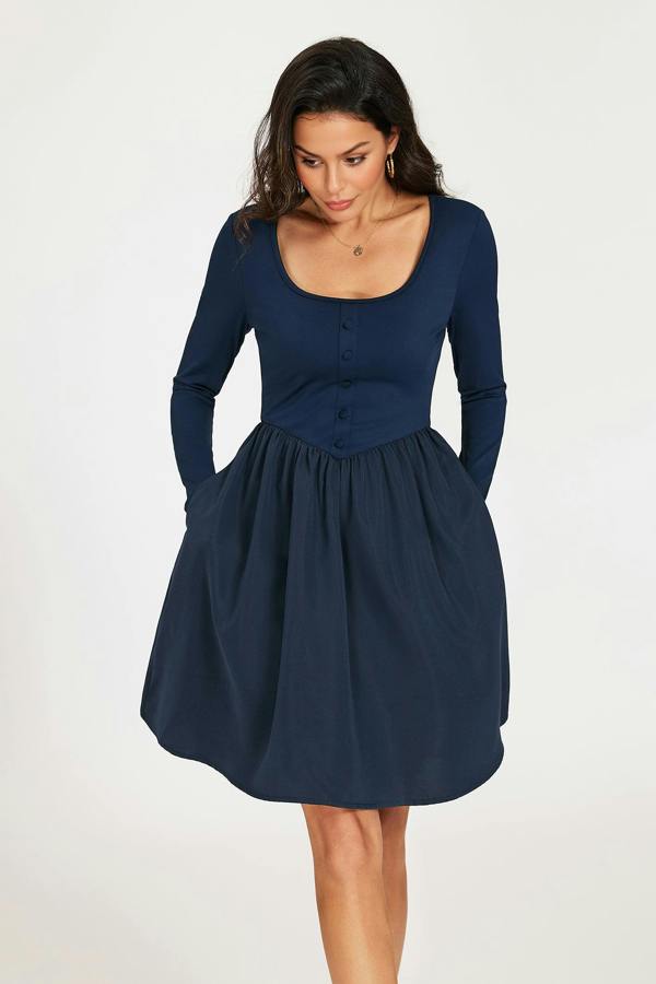 FS Collection Square Neck Button-Front Long Sleeve Mini Dress In Navy