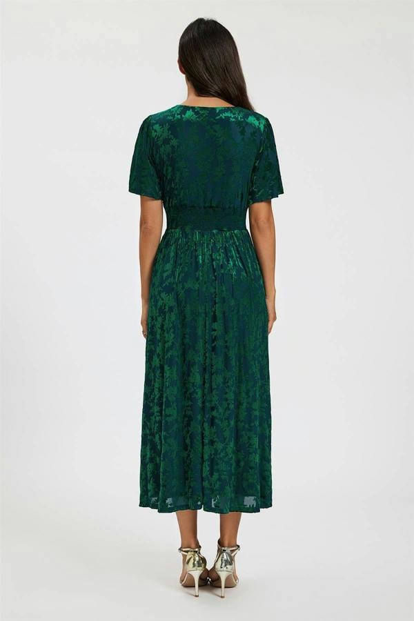 FS Collection Green Velvet Burnout V-Neck Angel Sleeve Midi Dress