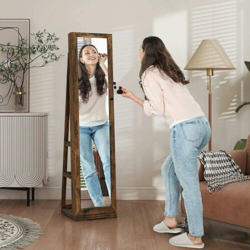 Bobobiy 360° Swivel Jewellery Cabinet, Lockable Jewellery Organiser with Built-in Makeup Mirror and Storage Shelves, Rustic Brown